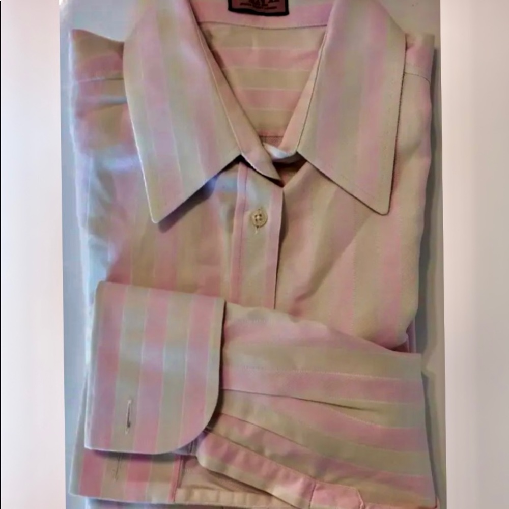 Thomas Pink Men Dress Shirt French Cuff Sz 16 Cotton Pink Beige Stripe